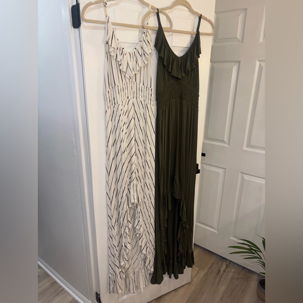EXPRESS (set of 2) Striped White Maxi Dress and Olive Green Maxi Dress TALL